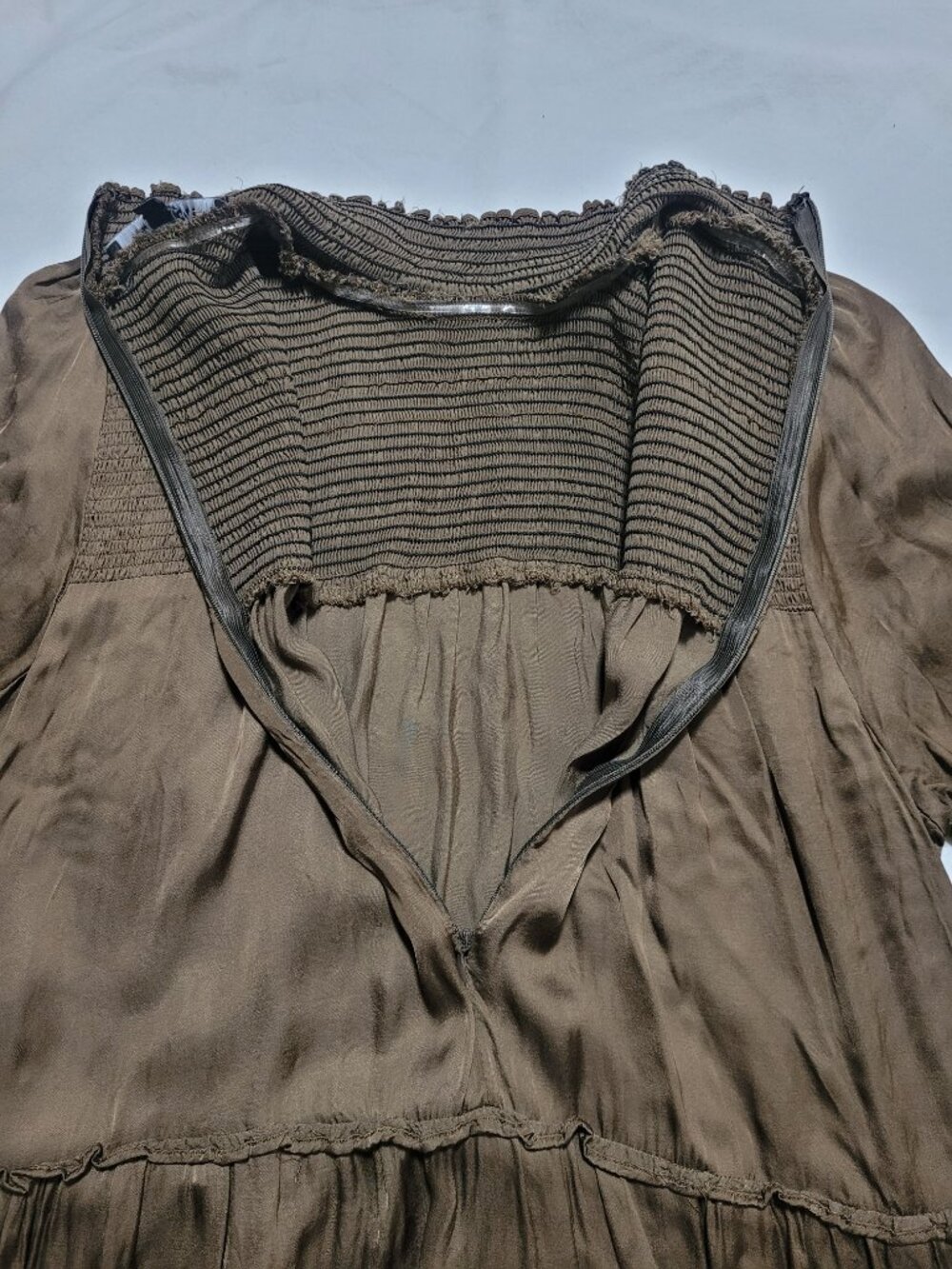 Olivaceous Long Sleeve Tiered Smocked Mini Dress Brown Medium Babydoll Boho - Picture 10 of 10